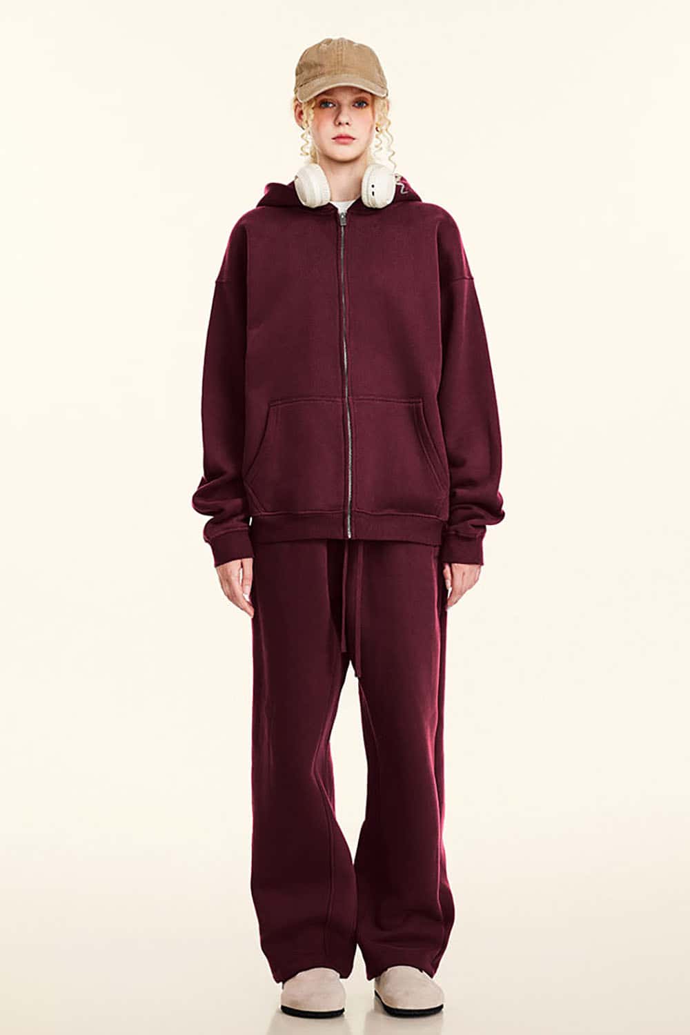 Solid Color Loose Fleece Hooded Zip-Up Knit Cardigan