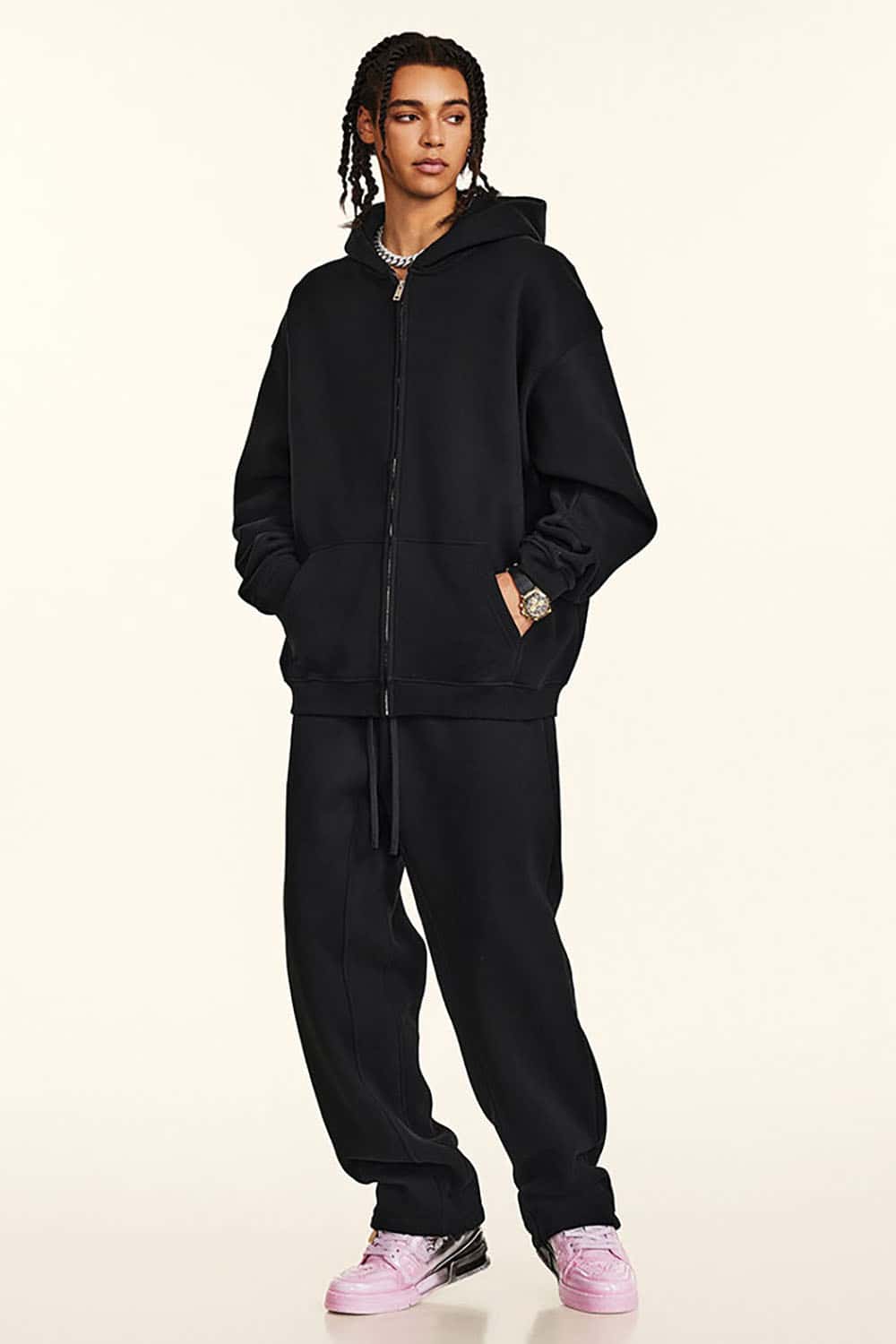 Solid Color Loose Fleece Hooded Zip-Up Knit Cardigan
