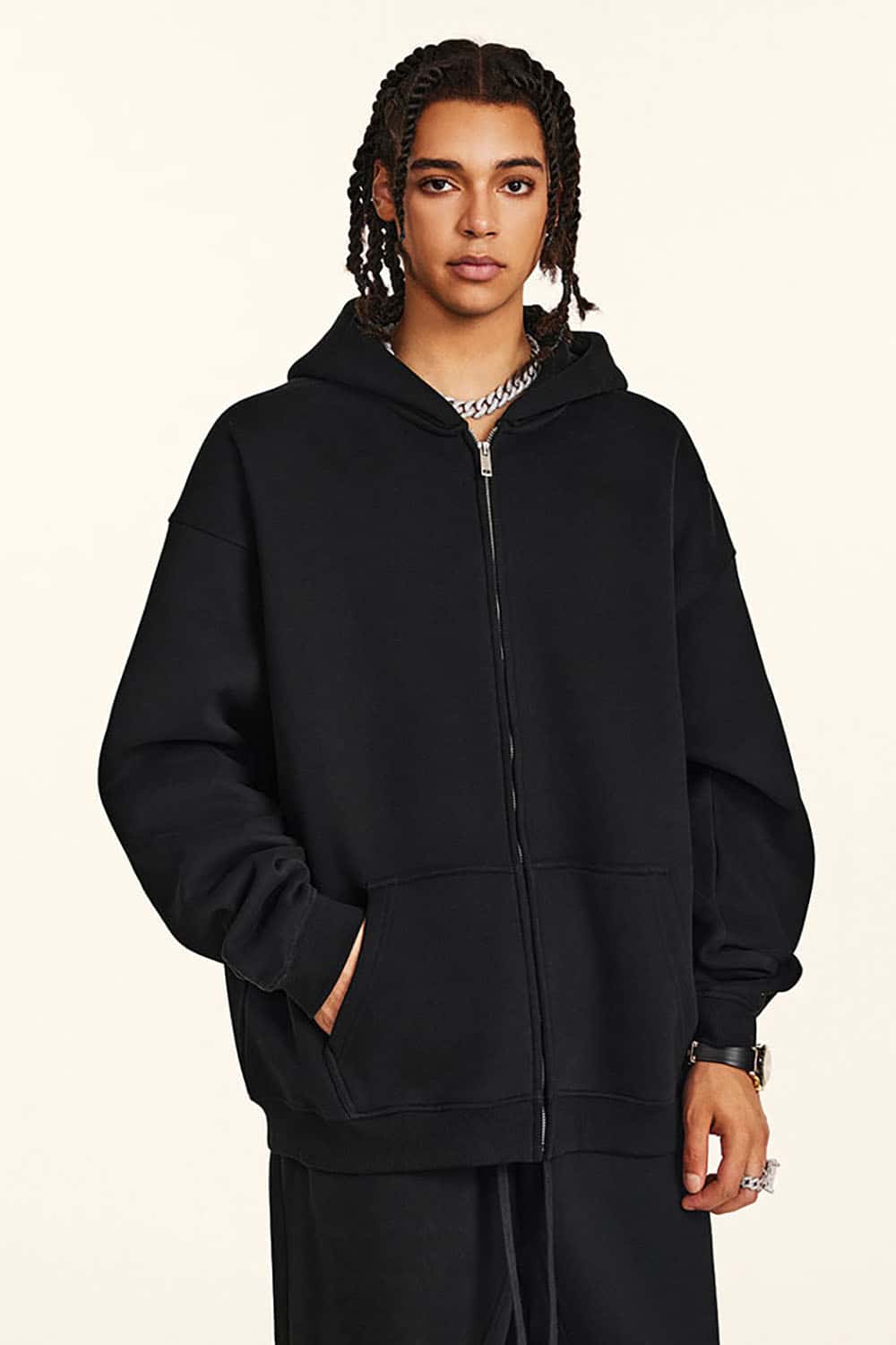 Solid Color Loose Fleece Hooded Zip-Up Knit Cardigan