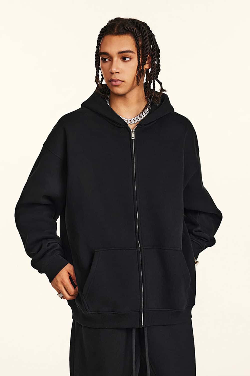Solid Color Loose Fleece Hooded Zip-Up Knit Cardigan