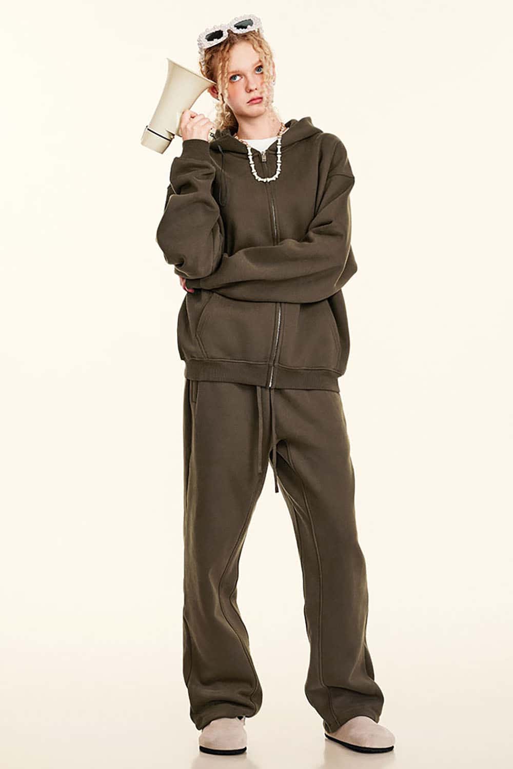 Solid Color Loose Fleece Hooded Zip-Up Knit Cardigan