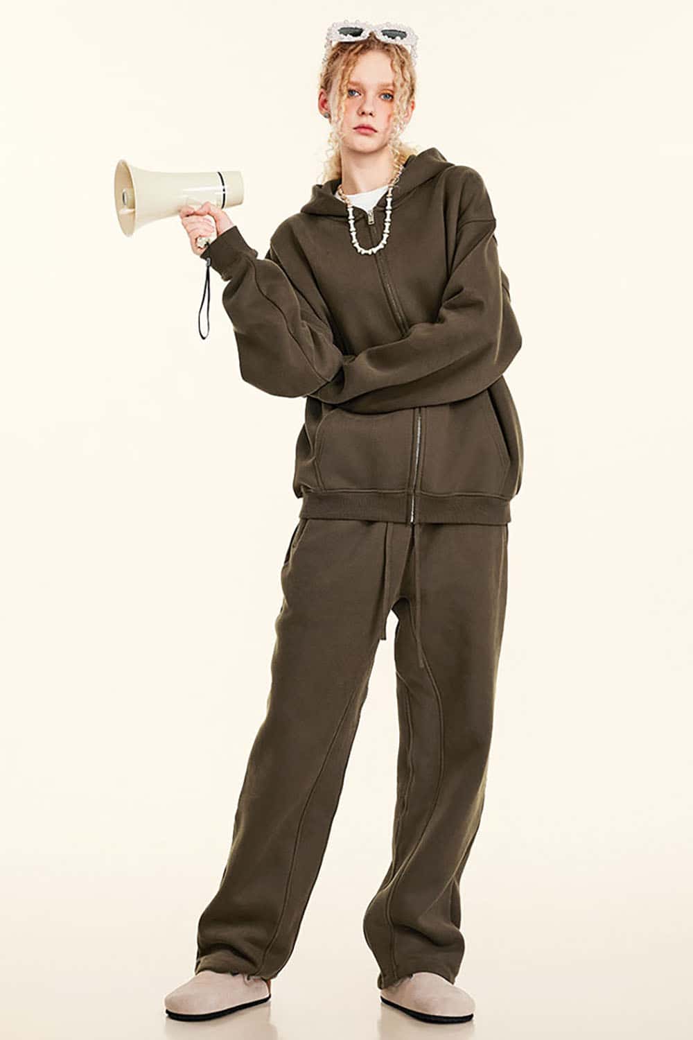 Solid Color Loose Fleece Hooded Zip-Up Knit Cardigan
