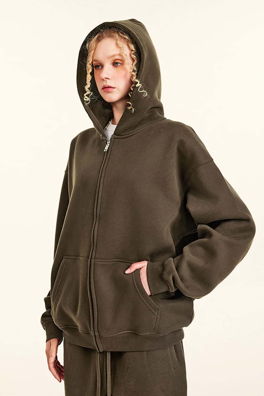 Solid Color Loose Fleece Hooded Zip-Up Knit Cardigan