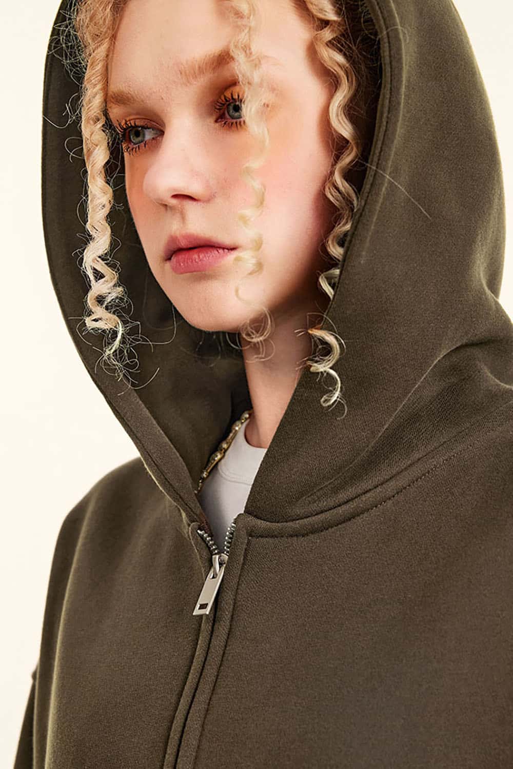 Solid Color Loose Fleece Hooded Zip-Up Knit Cardigan