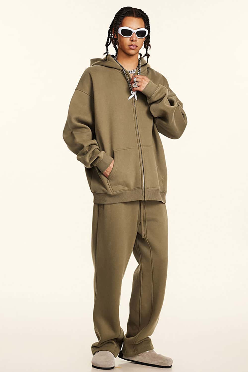 Solid Color Loose Fleece Hooded Zip-Up Knit Cardigan