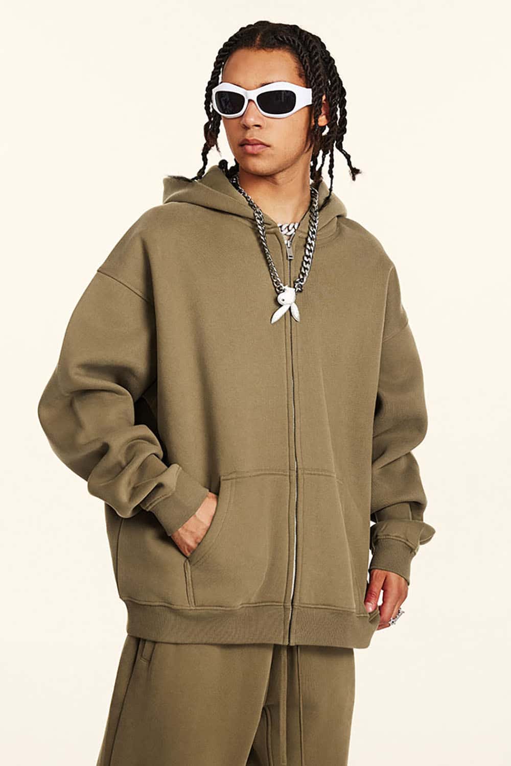Solid Color Loose Fleece Hooded Zip-Up Knit Cardigan