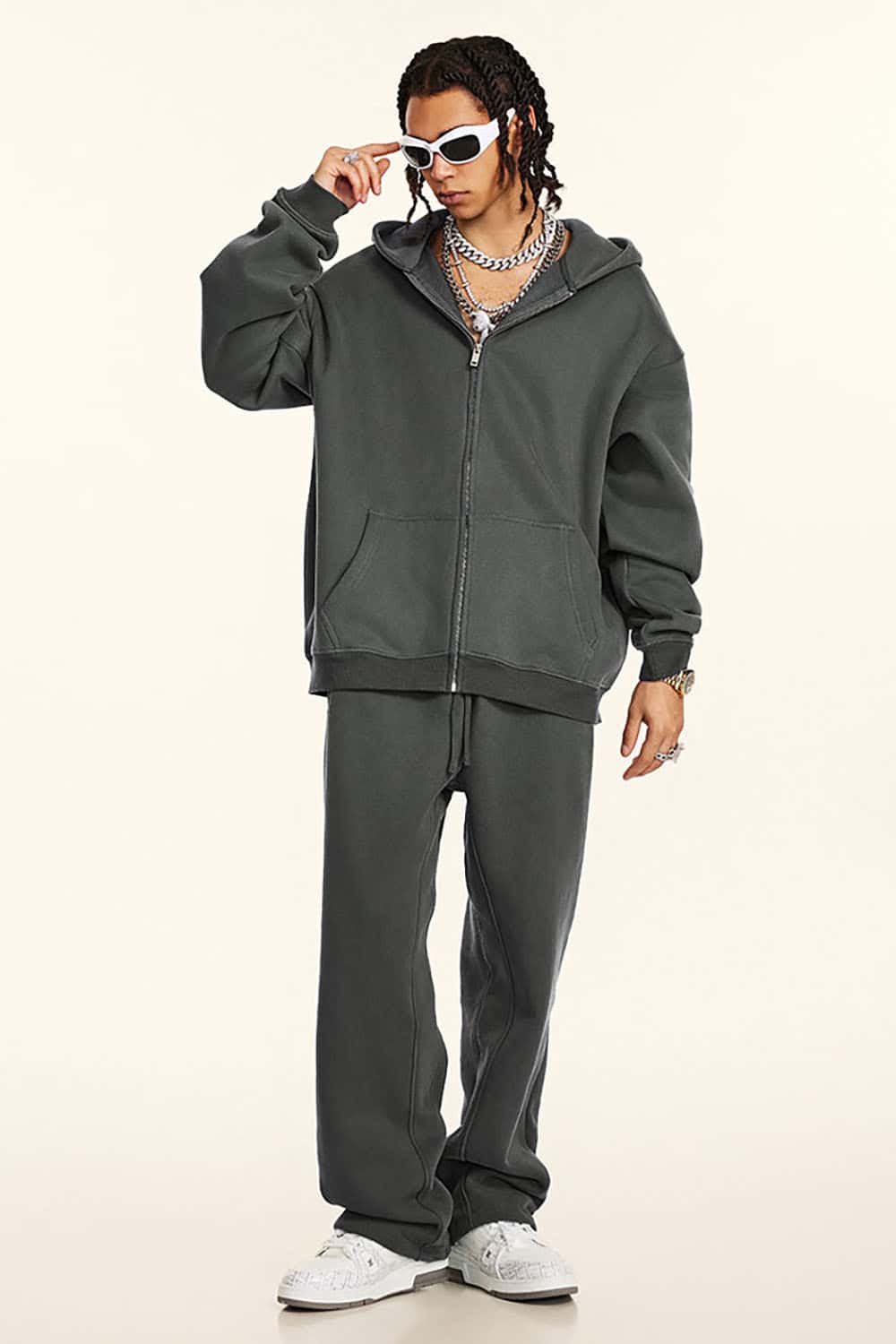 Solid Color Loose Fleece Hooded Zip-Up Knit Cardigan