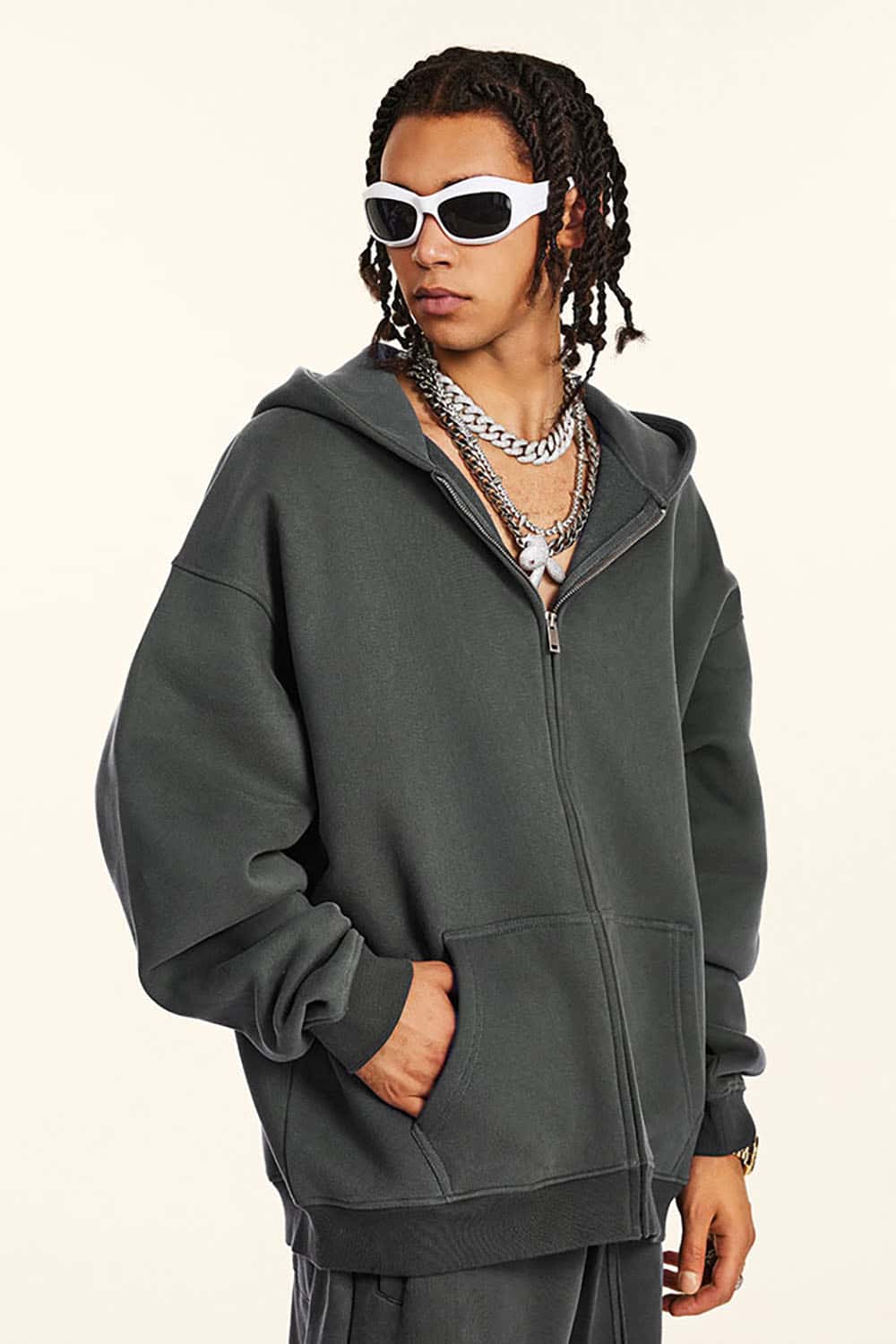 Solid Color Loose Fleece Hooded Zip-Up Knit Cardigan