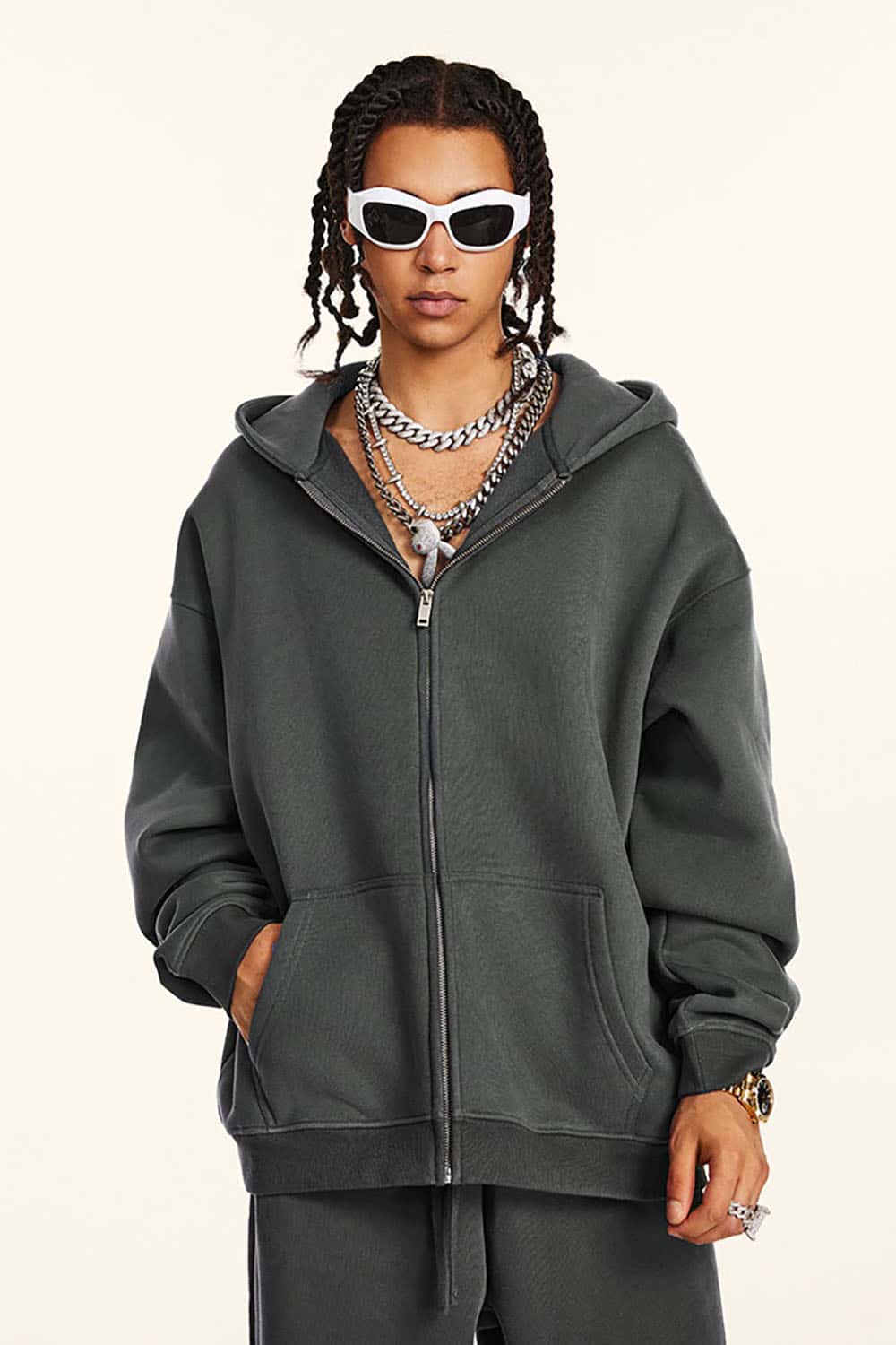 Solid Color Loose Fleece Hooded Zip-Up Knit Cardigan