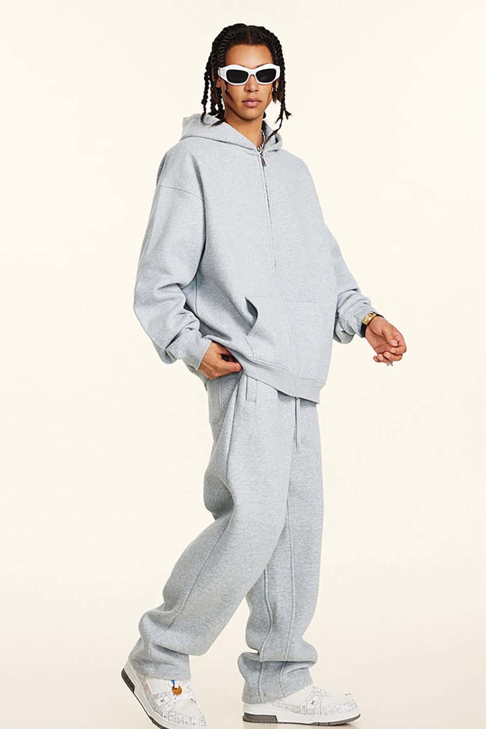 Solid Color Loose Fleece Hooded Zip-Up Knit Cardigan