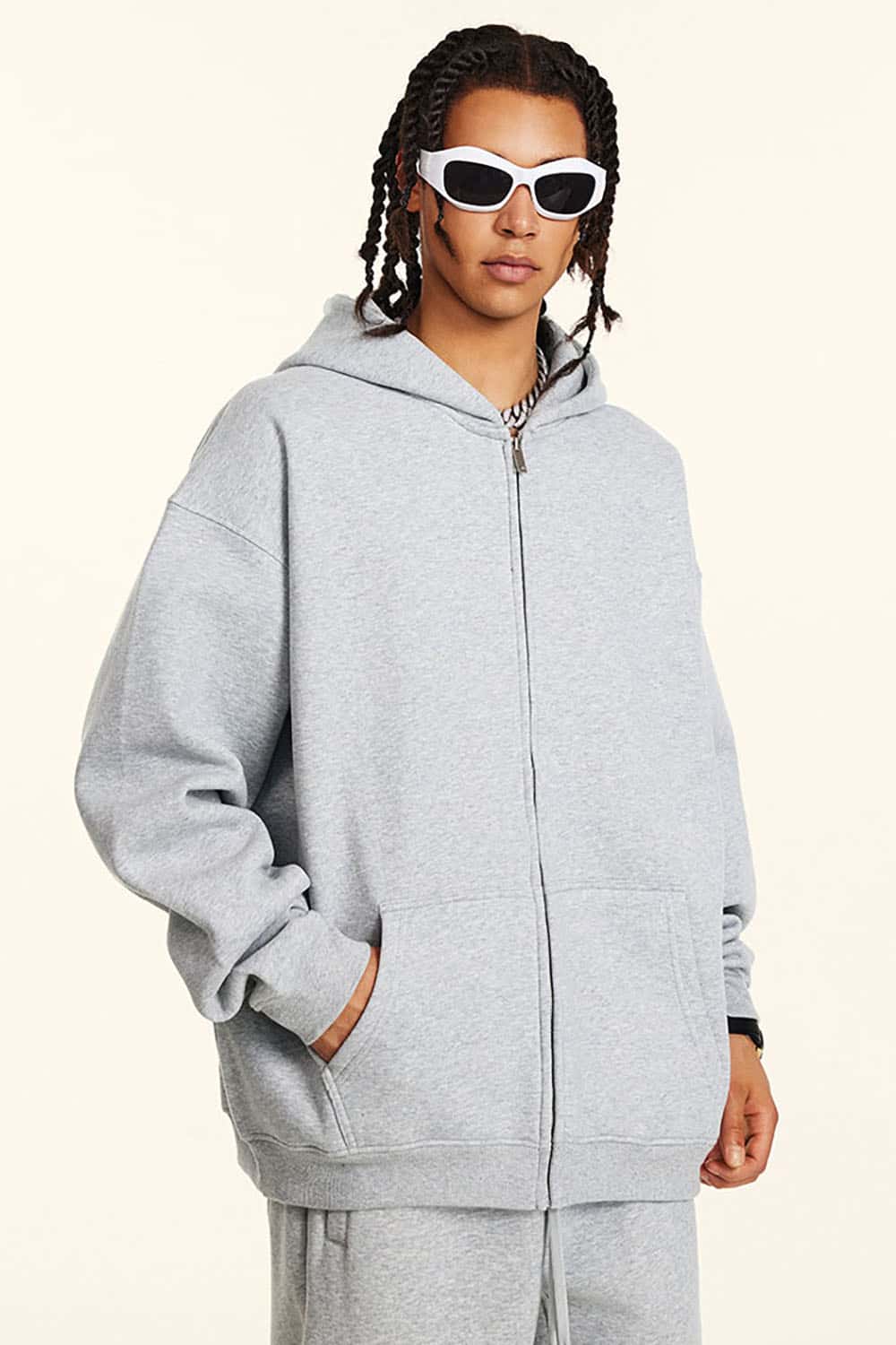 Solid Color Loose Fleece Hooded Zip-Up Knit Cardigan