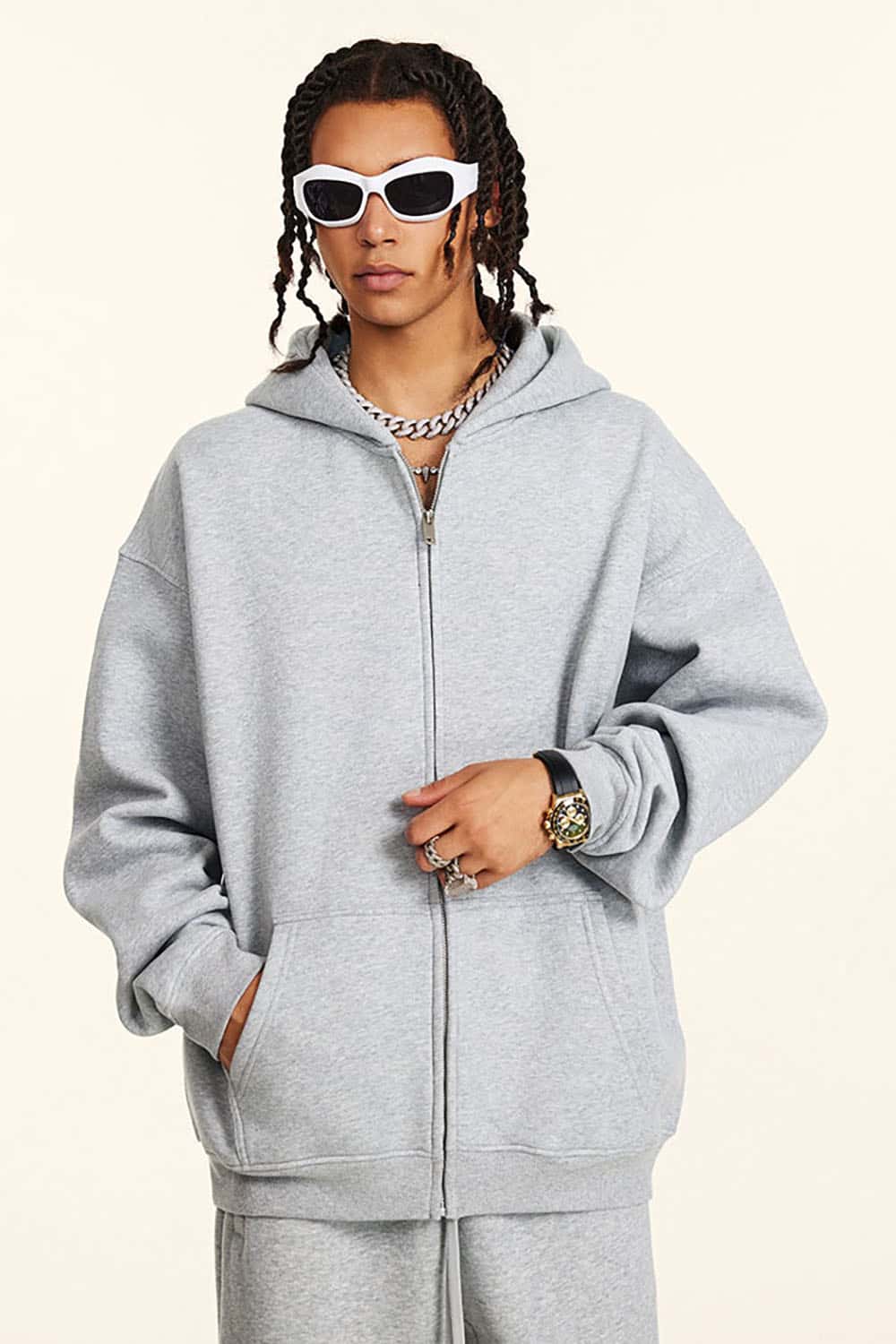 Solid Color Loose Fleece Hooded Zip-Up Knit Cardigan