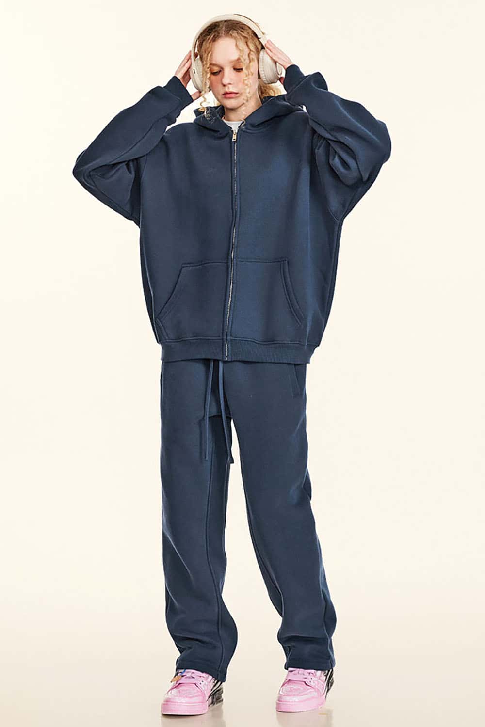 Solid Color Loose Fleece Hooded Zip-Up Knit Cardigan