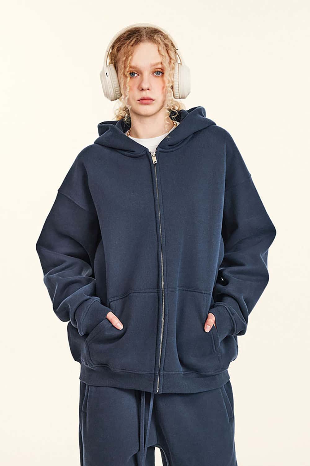 Solid Color Loose Fleece Hooded Zip-Up Knit Cardigan