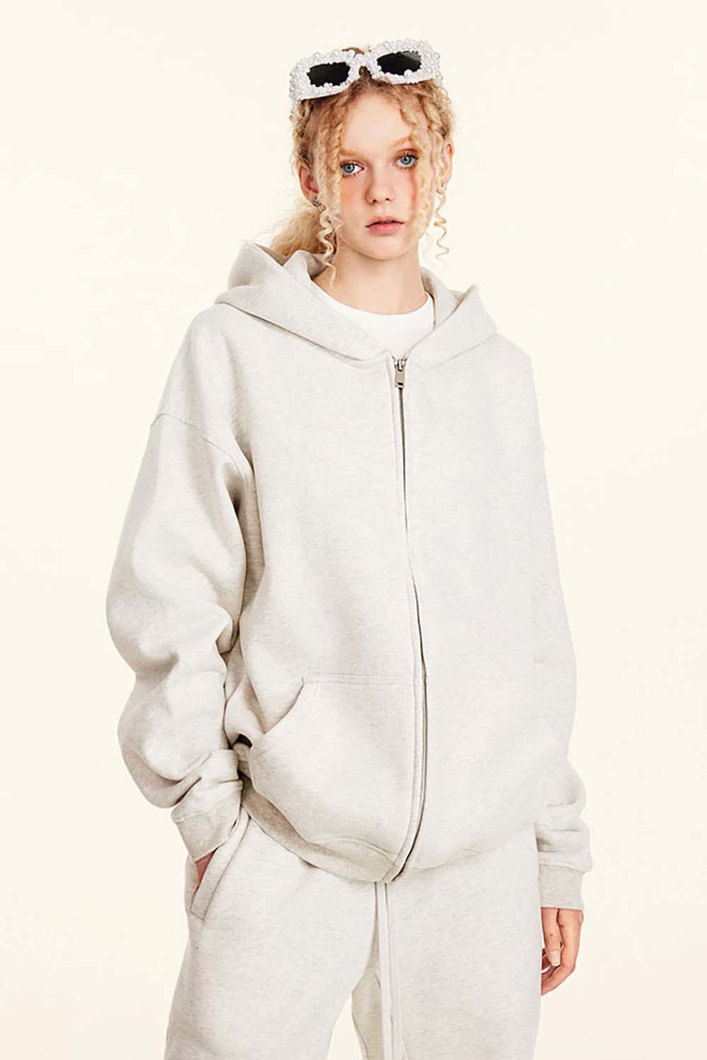 Solid Color Loose Fleece Hooded Zip-Up Knit Cardigan