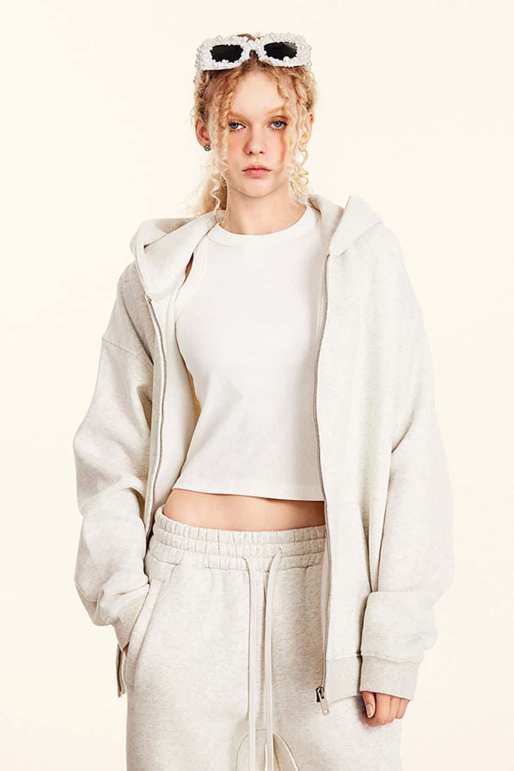 Solid Color Loose Fleece Hooded Zip-Up Knit Cardigan