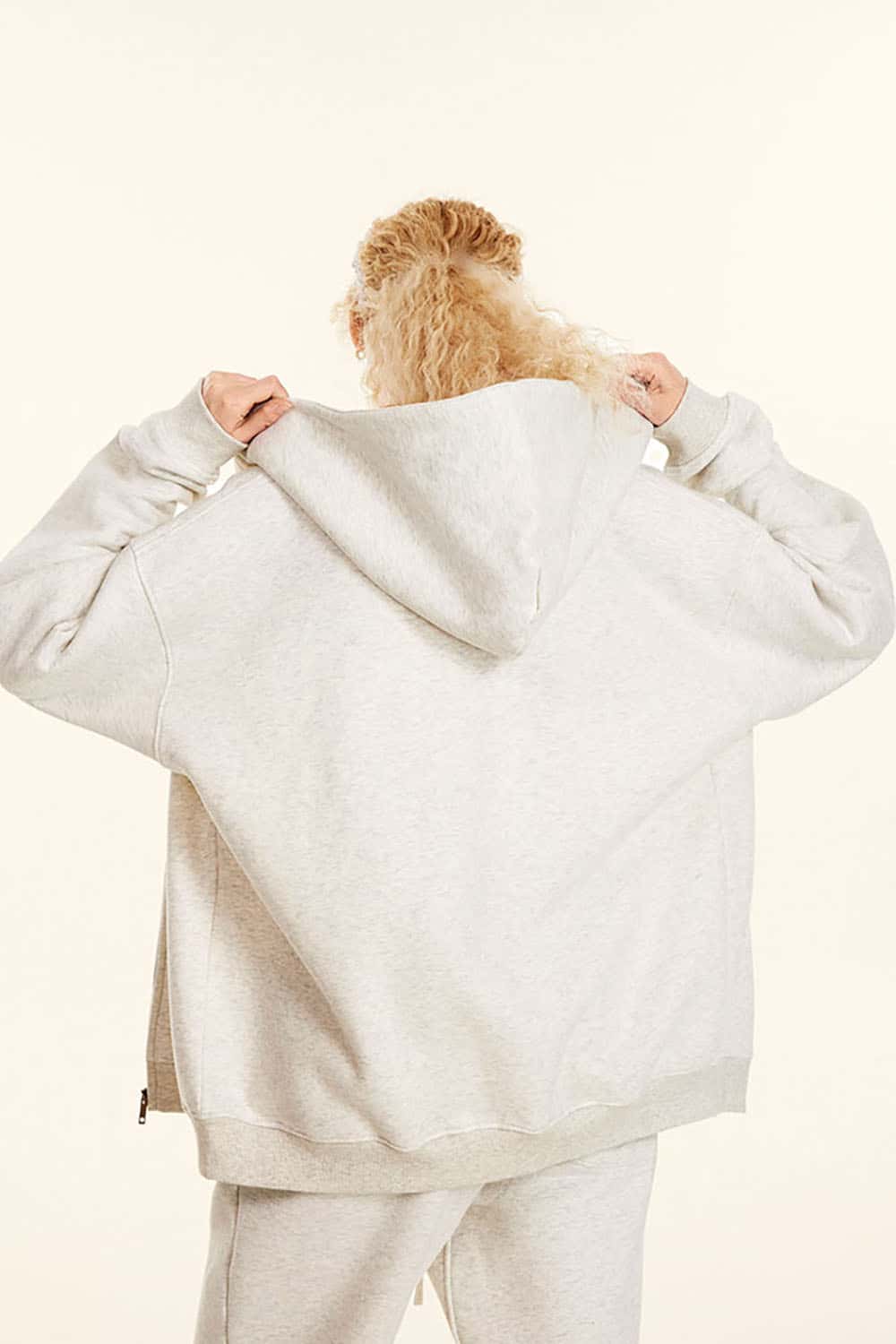 Solid Color Loose Fleece Hooded Zip-Up Knit Cardigan