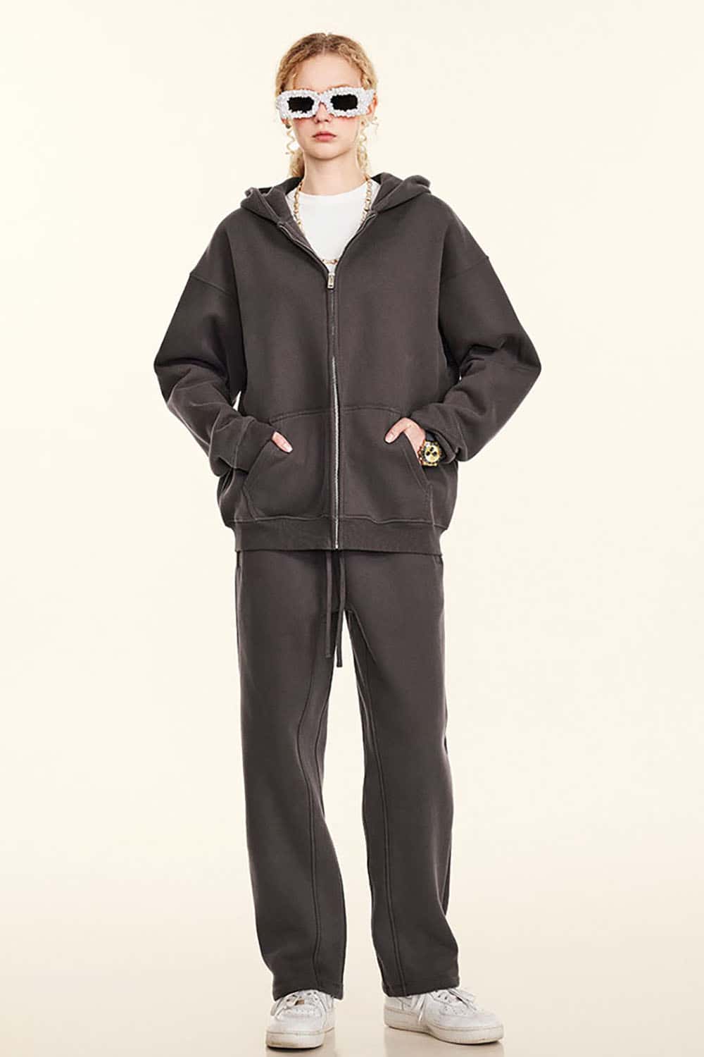 Solid Color Loose Fleece Hooded Zip-Up Knit Cardigan