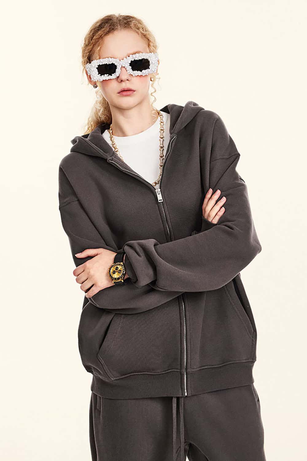 Solid Color Loose Fleece Hooded Zip-Up Knit Cardigan
