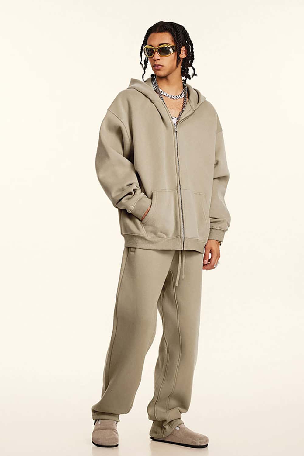 Solid Color Loose Fleece Hooded Zip-Up Knit Cardigan