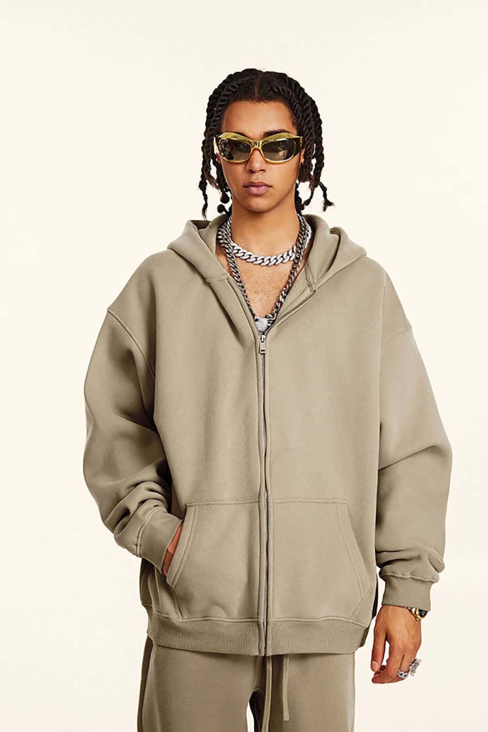 Solid Color Loose Fleece Hooded Zip-Up Knit Cardigan