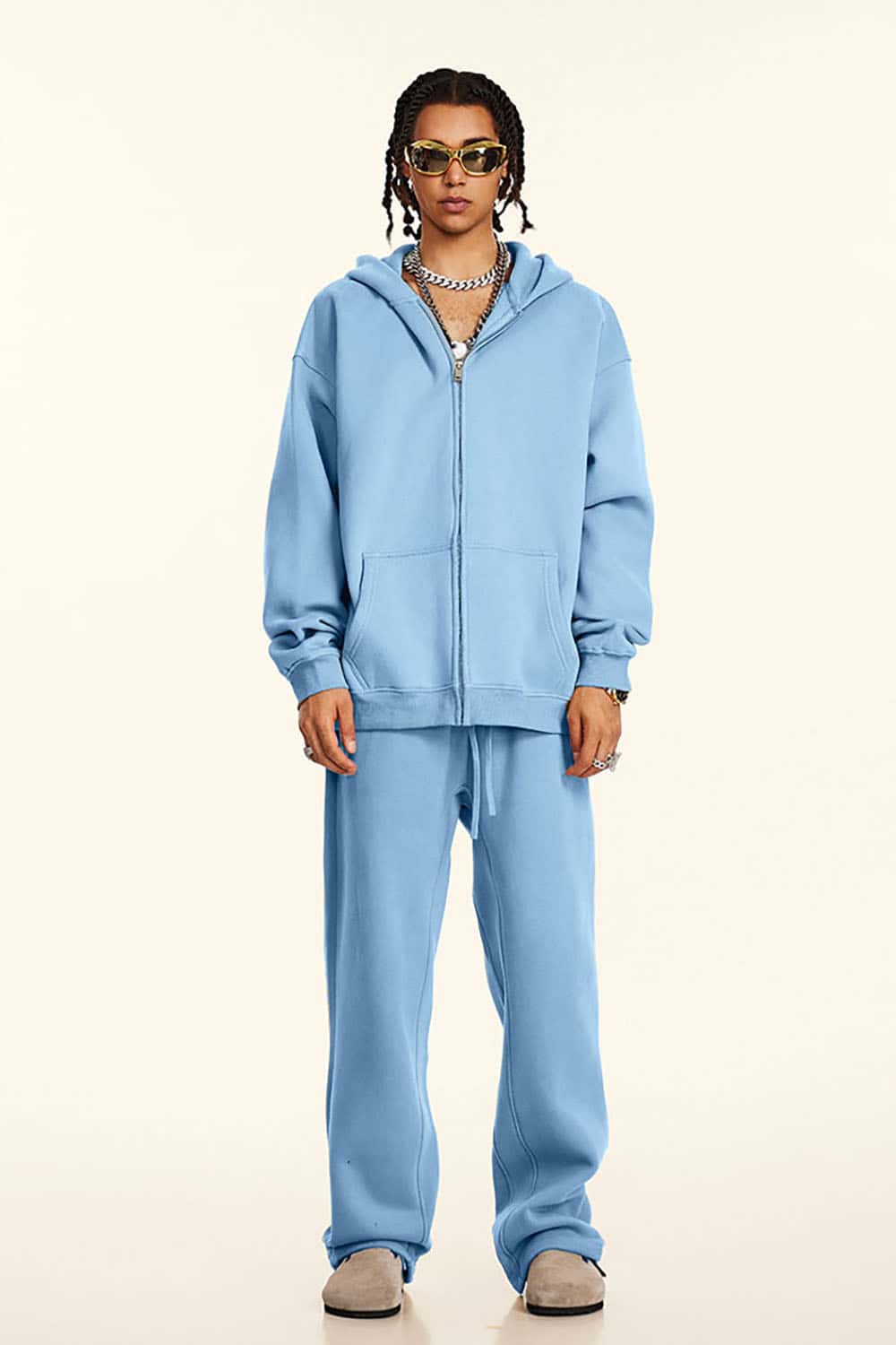 Solid Color Loose Fleece Hooded Zip-Up Knit Cardigan