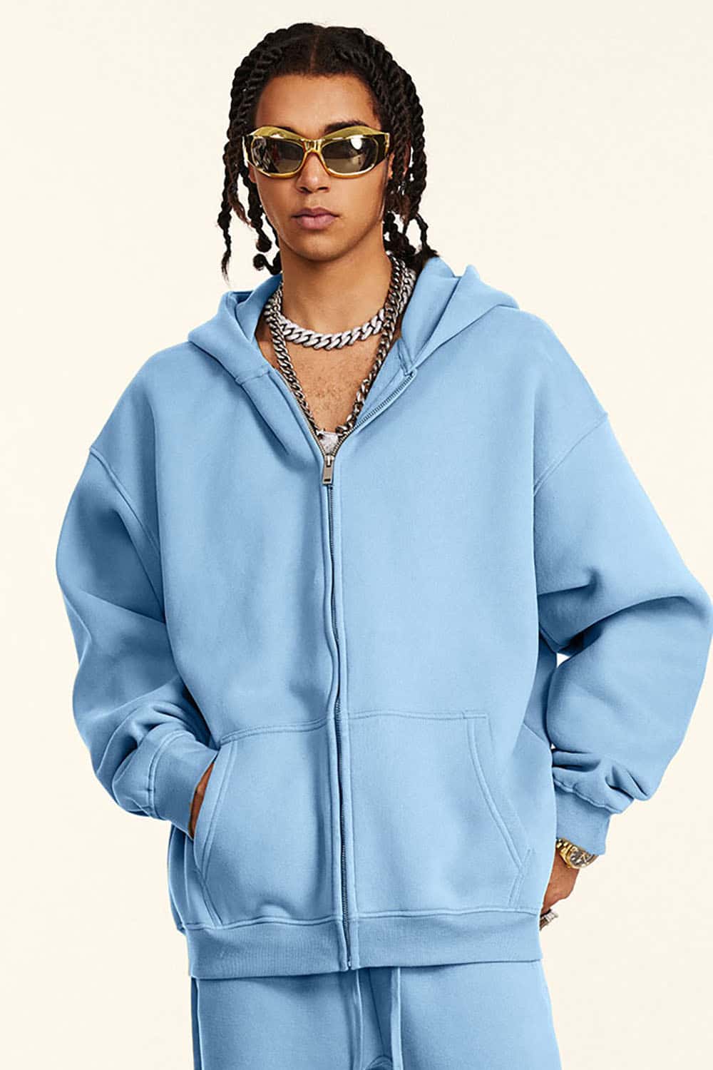 Solid Color Loose Fleece Hooded Zip-Up Knit Cardigan