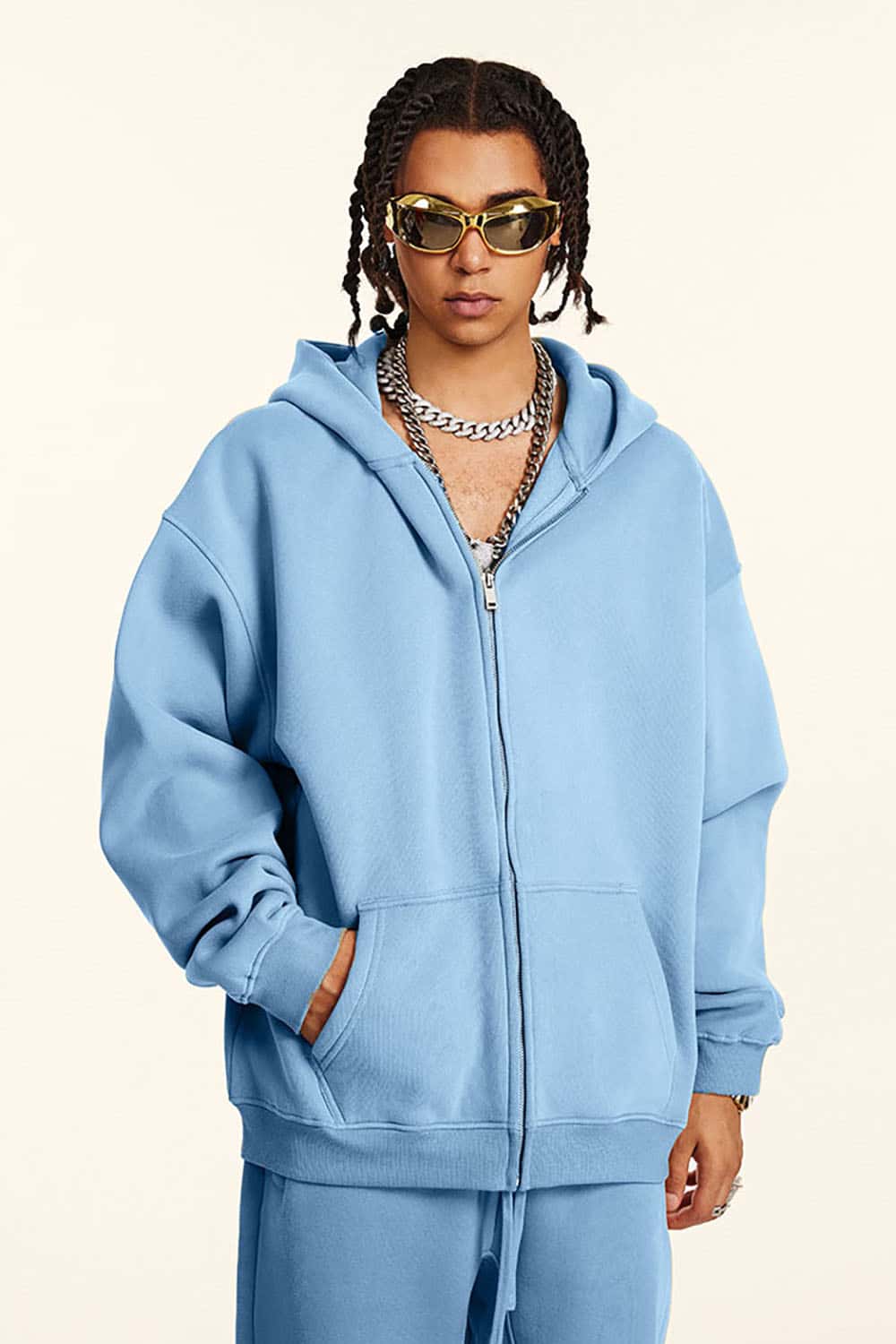 Solid Color Loose Fleece Hooded Zip-Up Knit Cardigan