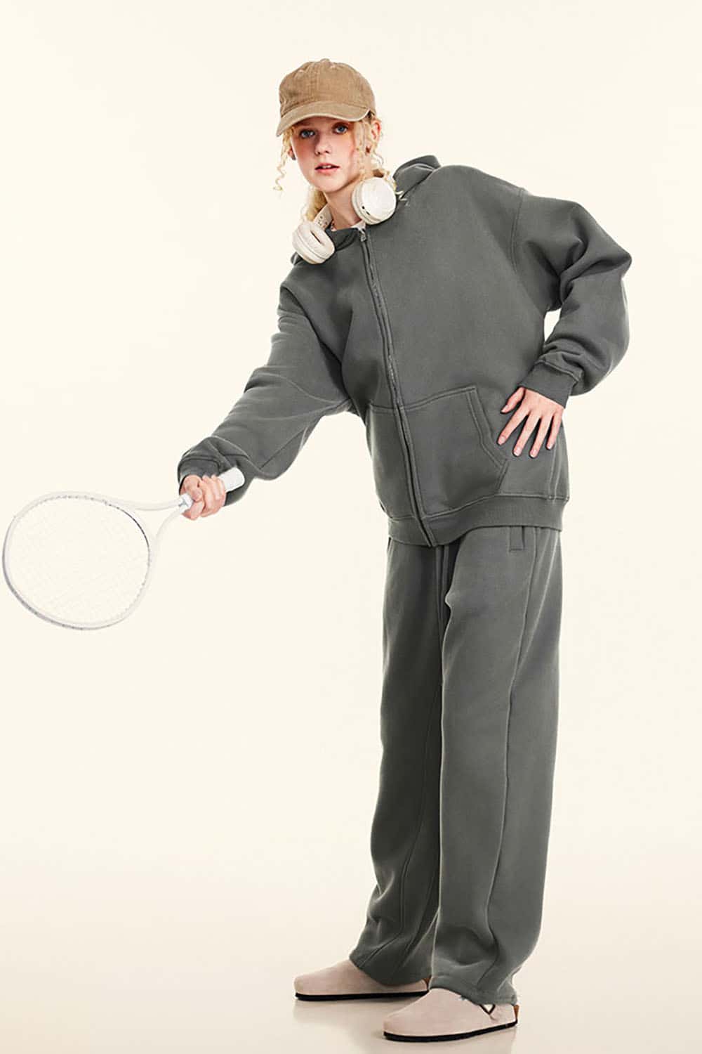 Solid Color Loose Fleece Hooded Zip-Up Knit Cardigan