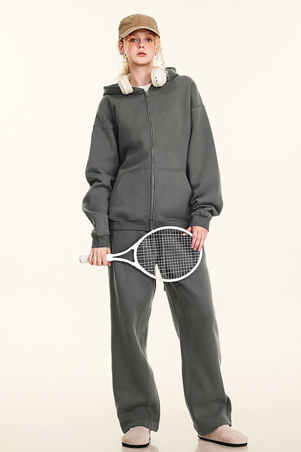 Solid Color Loose Fleece Hooded Zip-Up Knit Cardigan