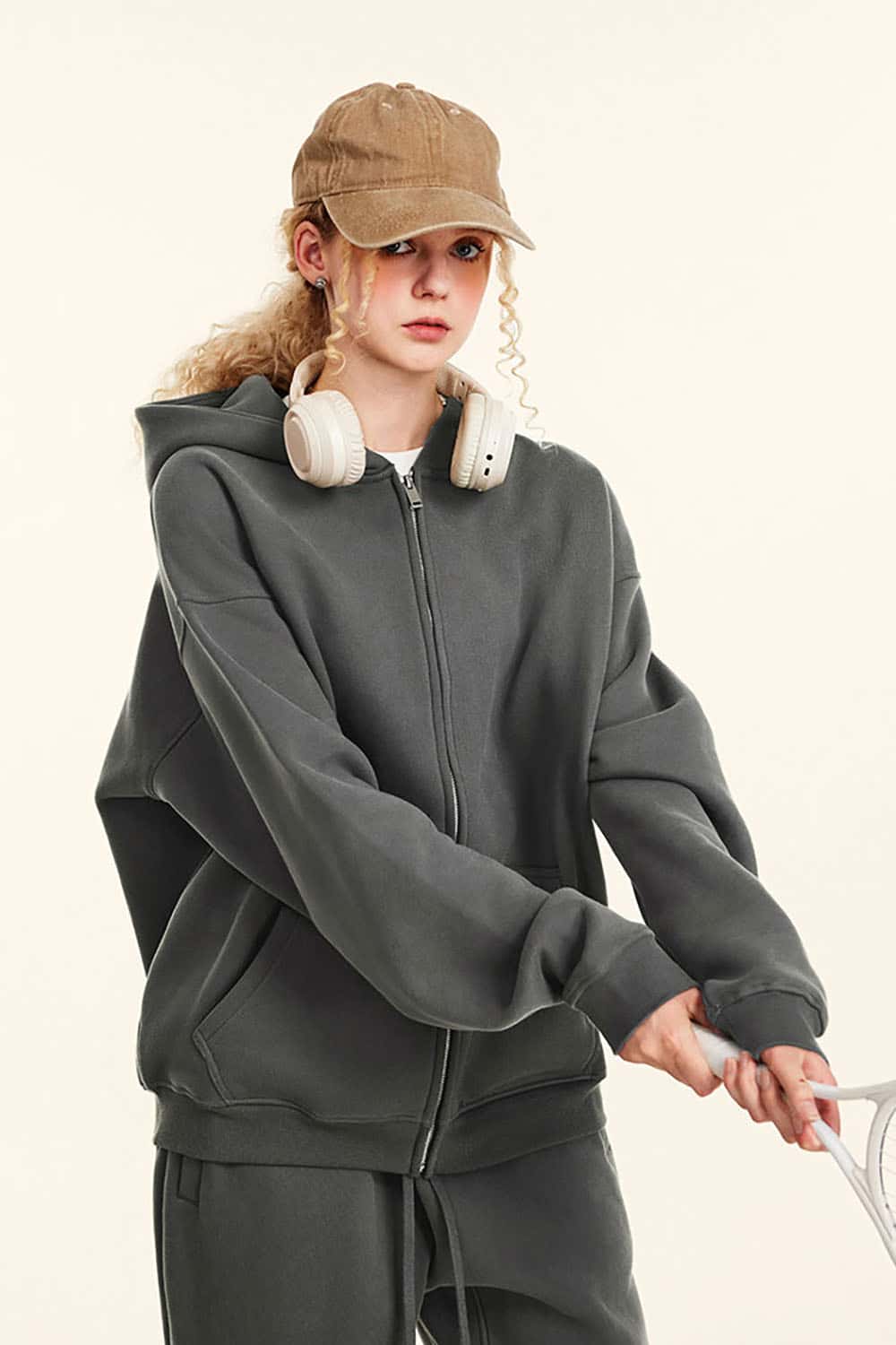 Solid Color Loose Fleece Hooded Zip-Up Knit Cardigan