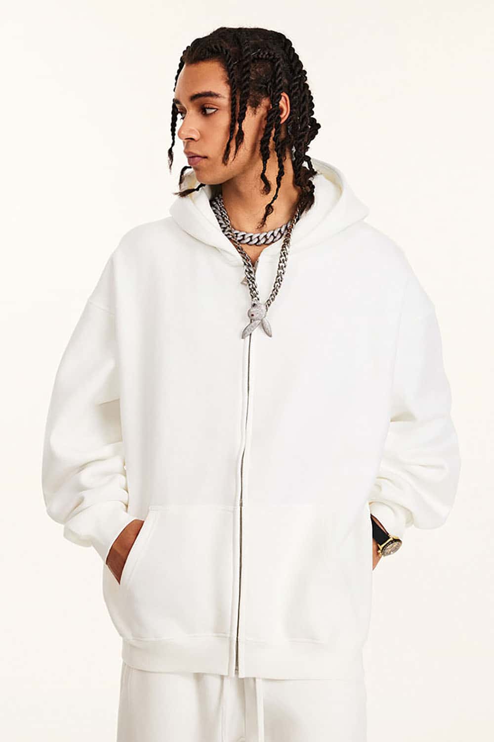 Solid Color Loose Fleece Hooded Zip-Up Knit Cardigan