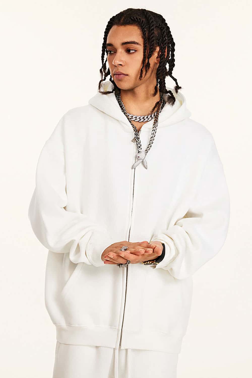 Solid Color Loose Fleece Hooded Zip-Up Knit Cardigan