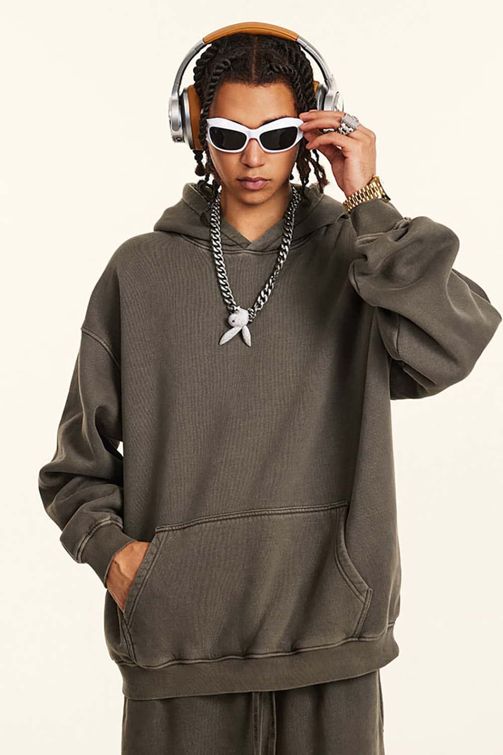 Streetwear Retro Washed Thick Fleece Solid Color Hoodie