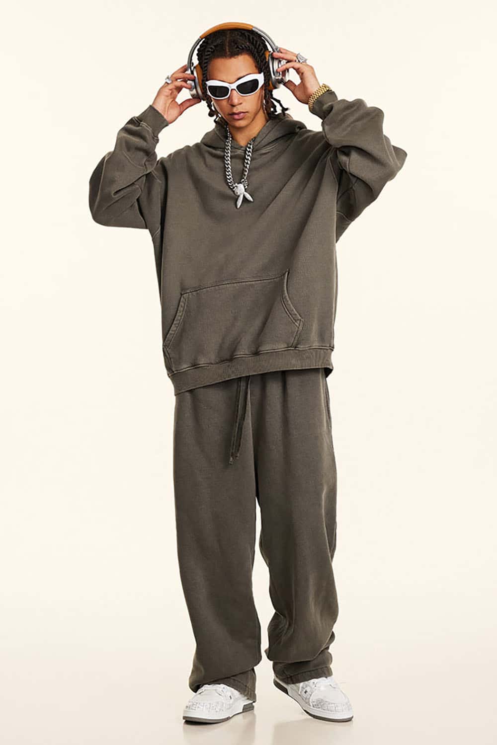 Streetwear Retro Washed Thick Fleece Solid Color Hoodie