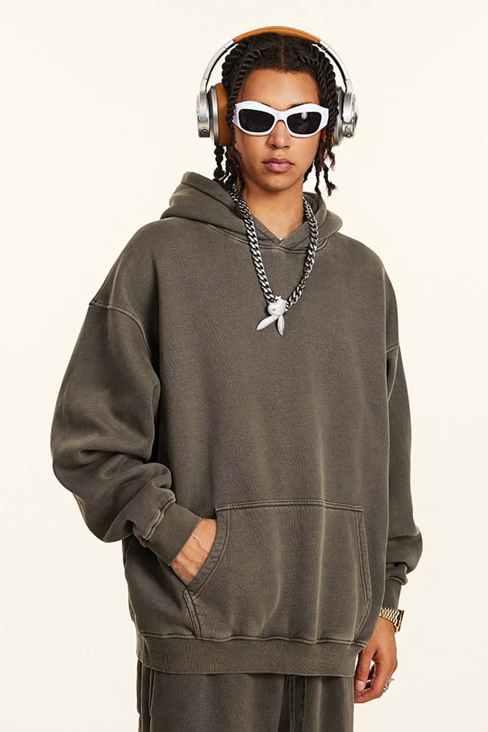 Streetwear Retro Washed Thick Fleece Solid Color Hoodie