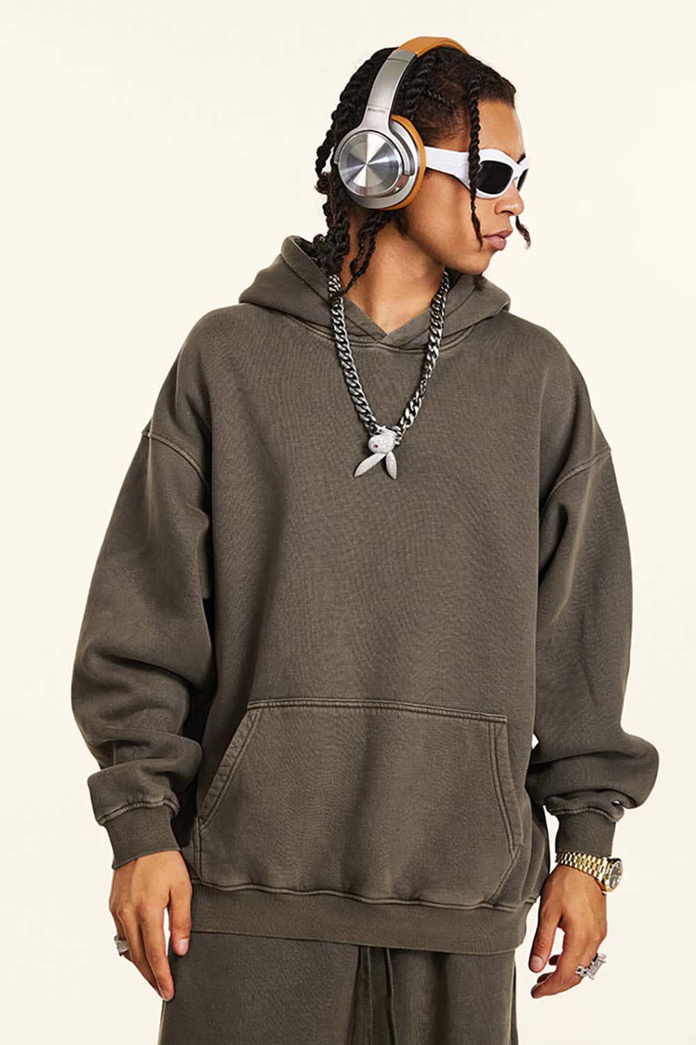 Streetwear Retro Washed Thick Fleece Solid Color Hoodie