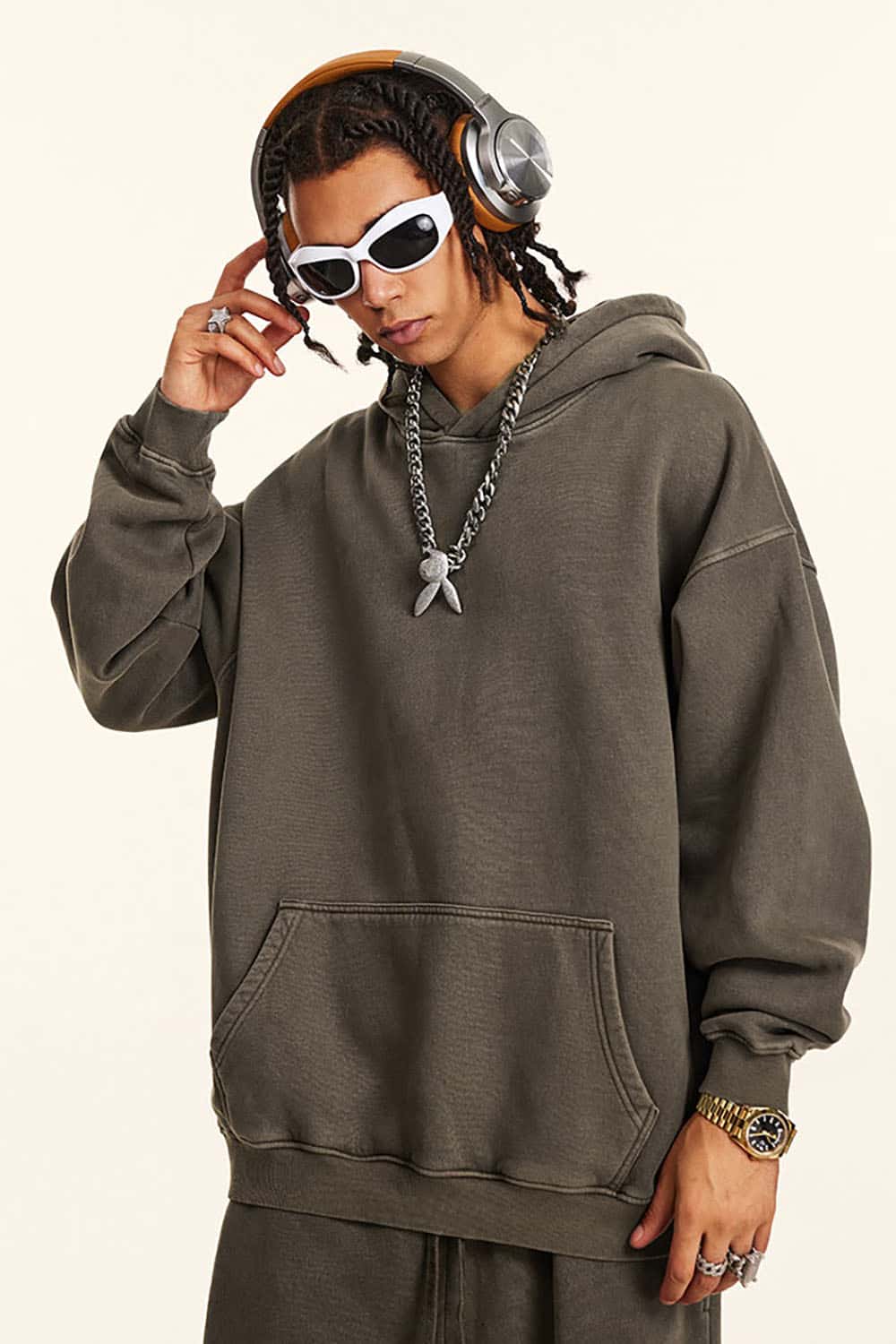 Streetwear Retro Washed Thick Fleece Solid Color Hoodie
