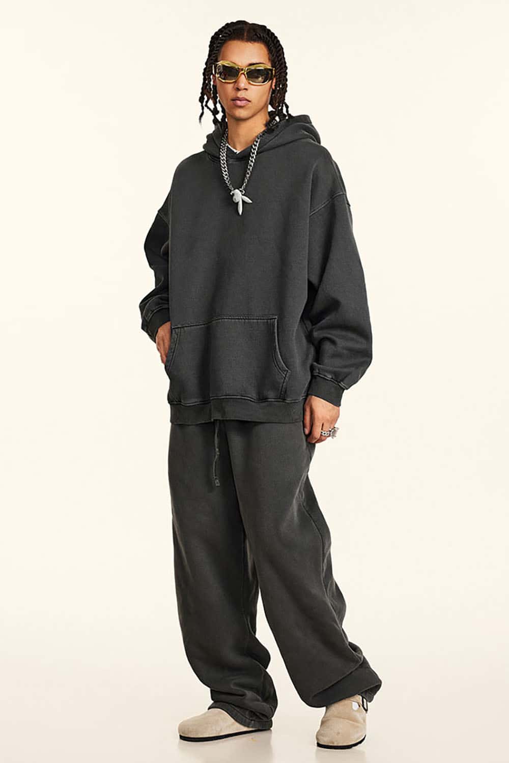 Streetwear Retro Washed Thick Fleece Solid Color Hoodie