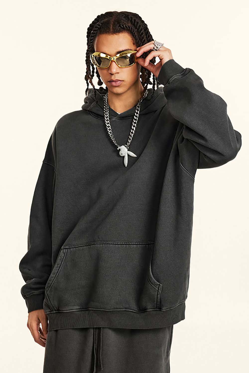 Streetwear Retro Washed Thick Fleece Solid Color Hoodie