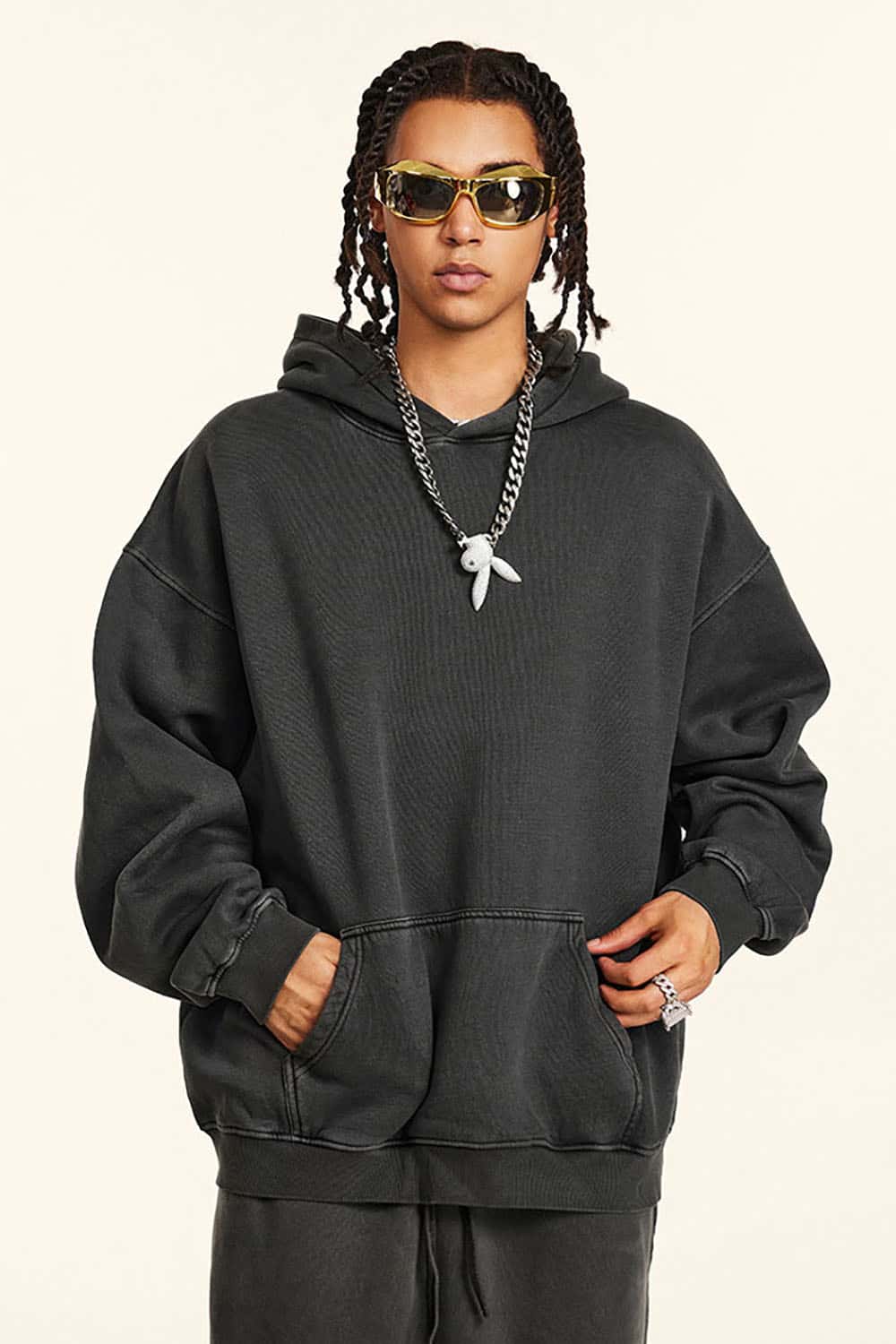 Streetwear Retro Washed Thick Fleece Solid Color Hoodie