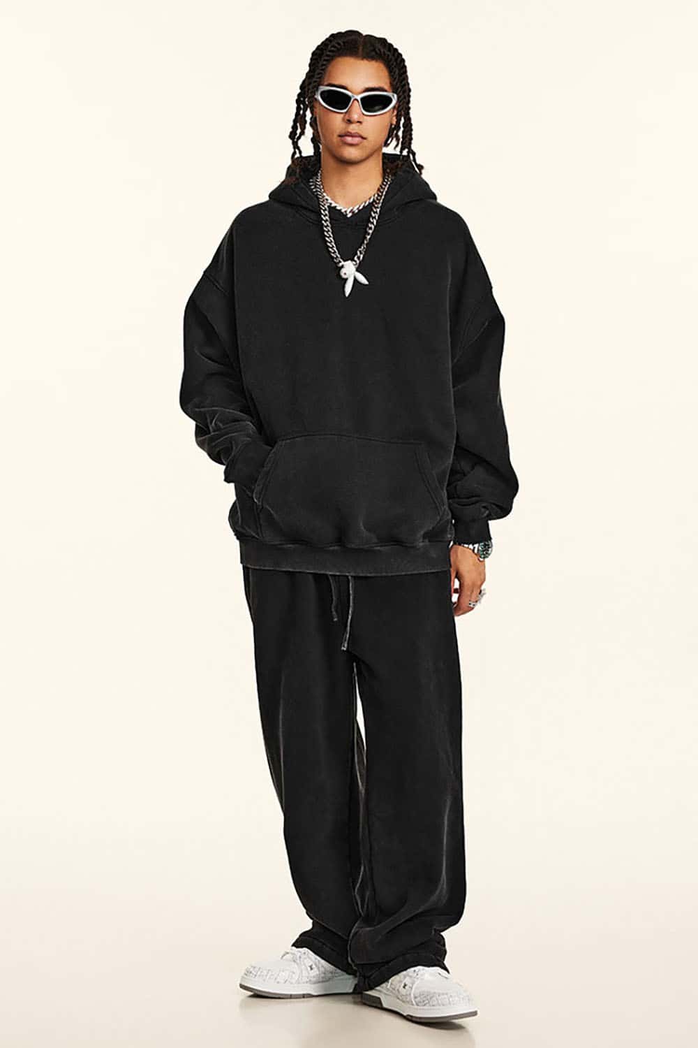 Streetwear Retro Washed Thick Fleece Solid Color Hoodie