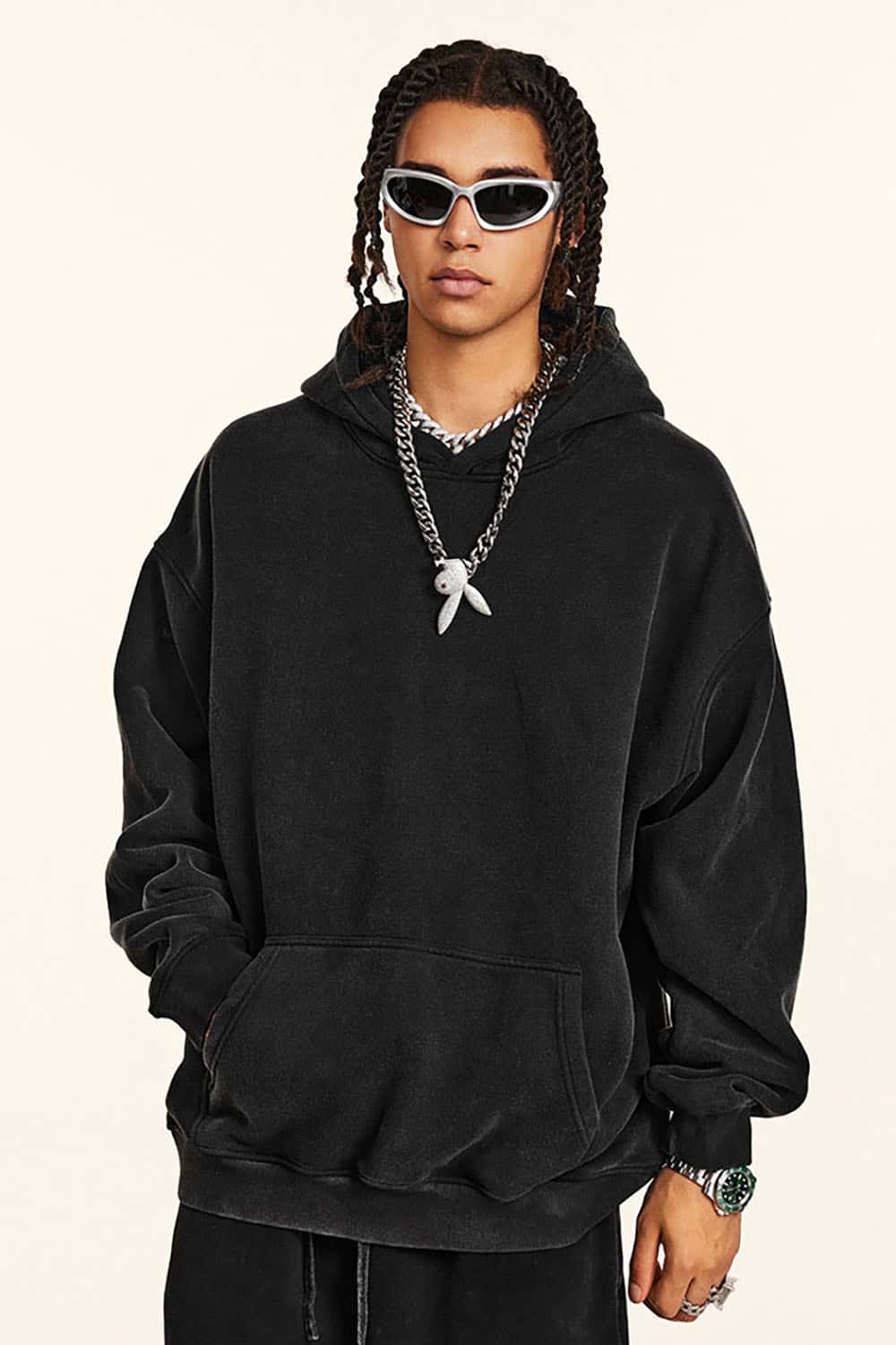Streetwear Retro Washed Thick Fleece Solid Color Hoodie