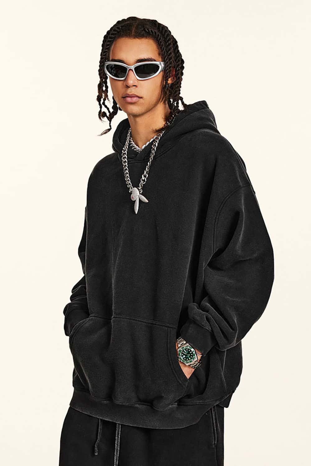Streetwear Retro Washed Thick Fleece Solid Color Hoodie