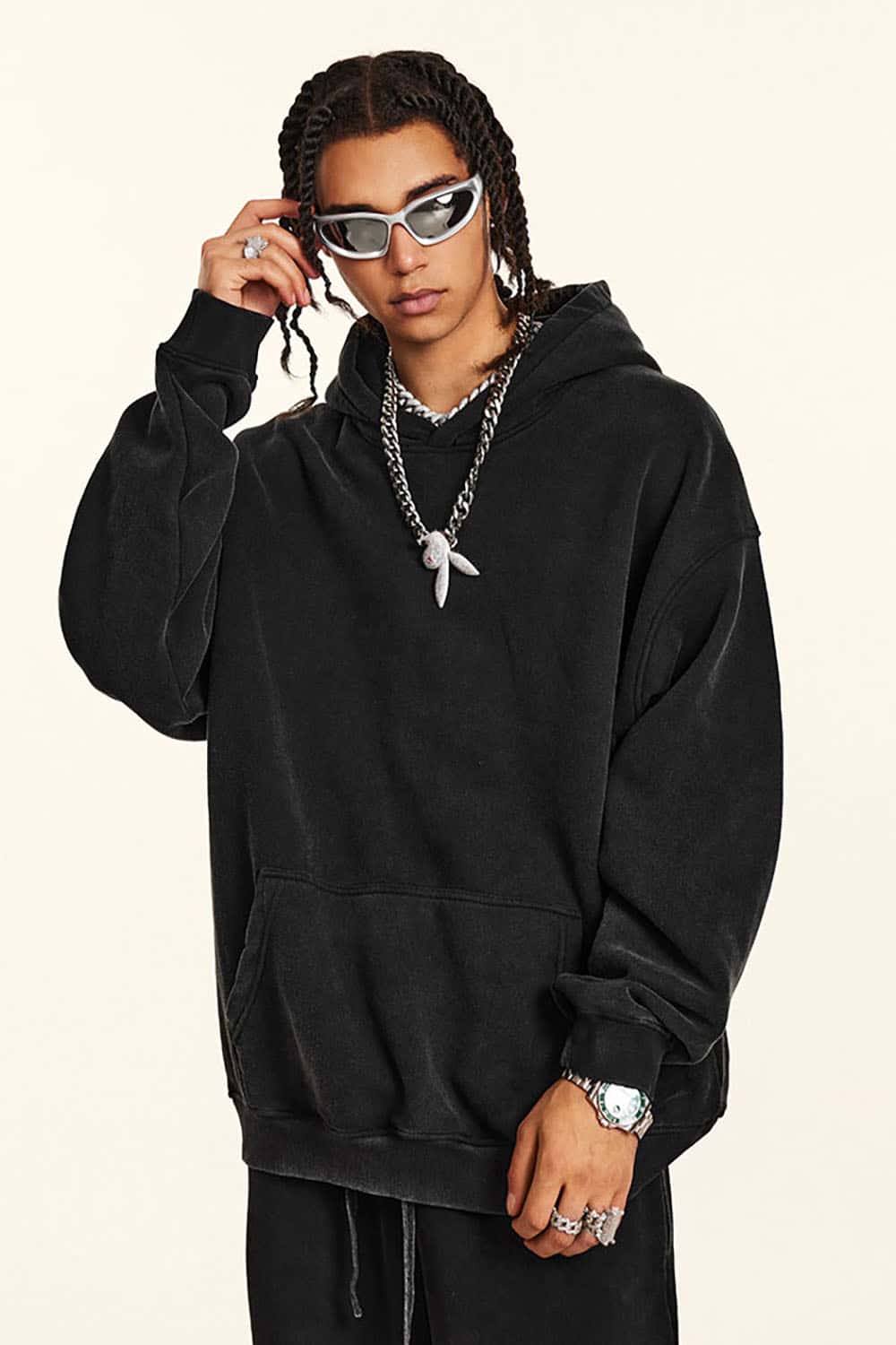 Streetwear Retro Washed Thick Fleece Solid Color Hoodie