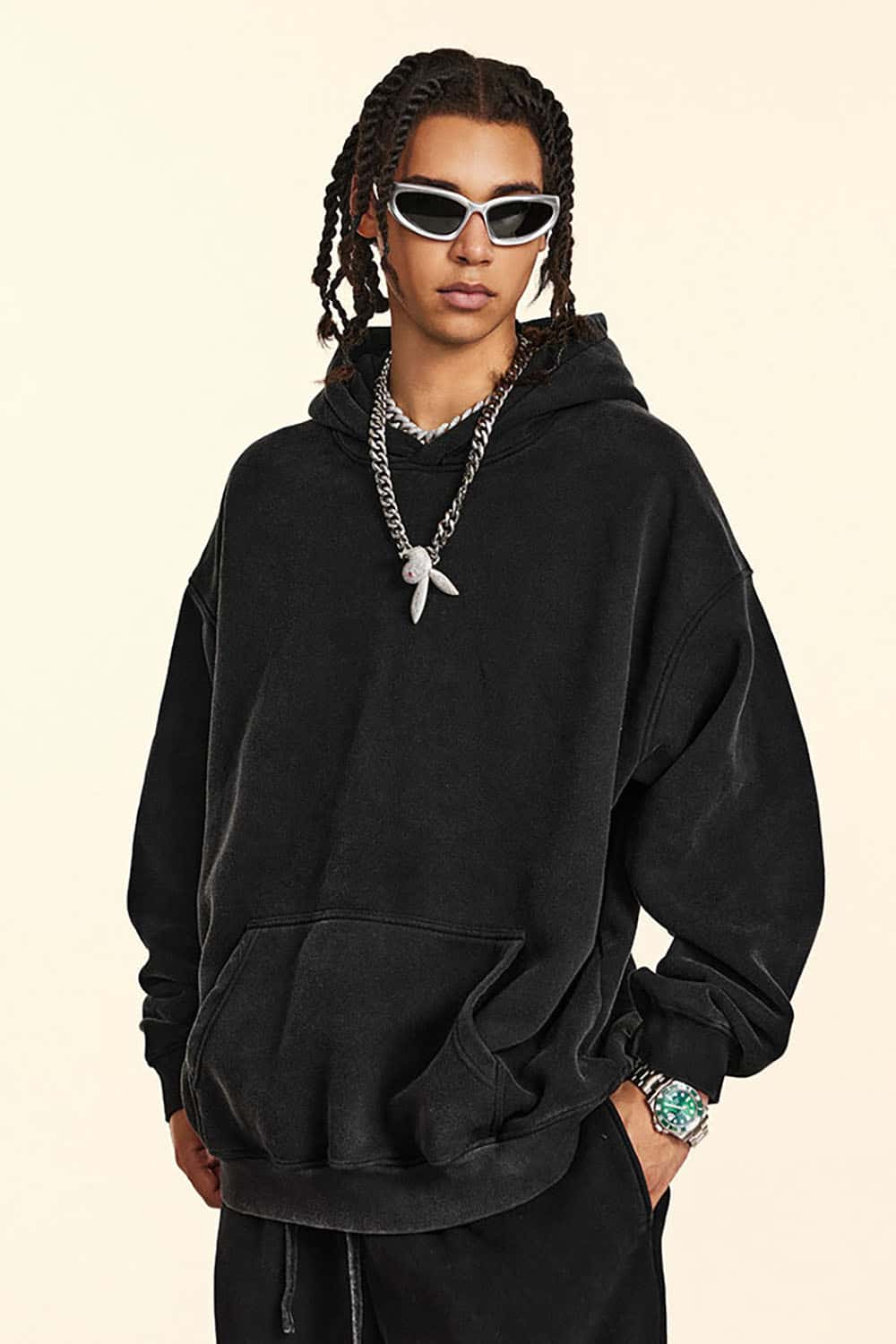 Streetwear Retro Washed Thick Fleece Solid Color Hoodie