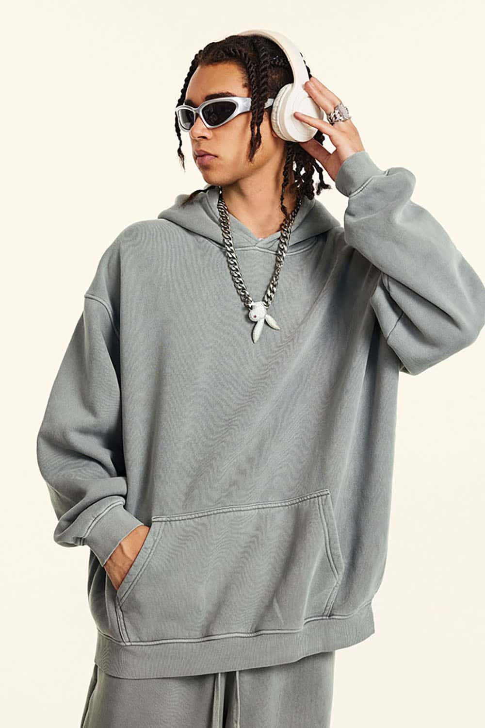 Streetwear Retro Washed Thick Fleece Solid Color Hoodie
