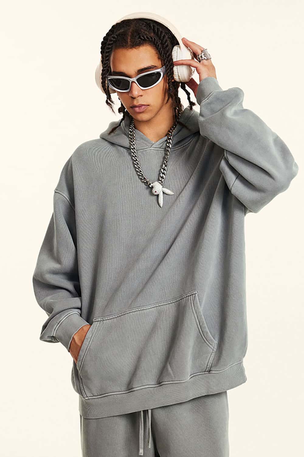 Streetwear Retro Washed Thick Fleece Solid Color Hoodie