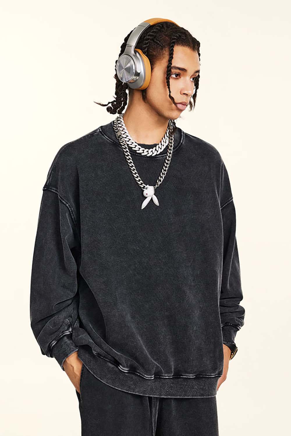 Distressed Wash Knit Solid Color Loose Long Sleeve Sweatshirt