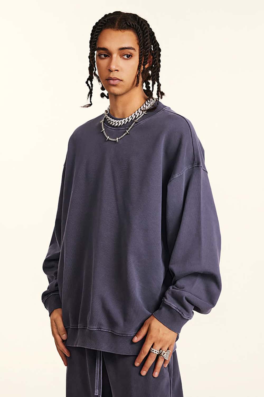 Distressed Wash Knit Solid Color Loose Long Sleeve Sweatshirt